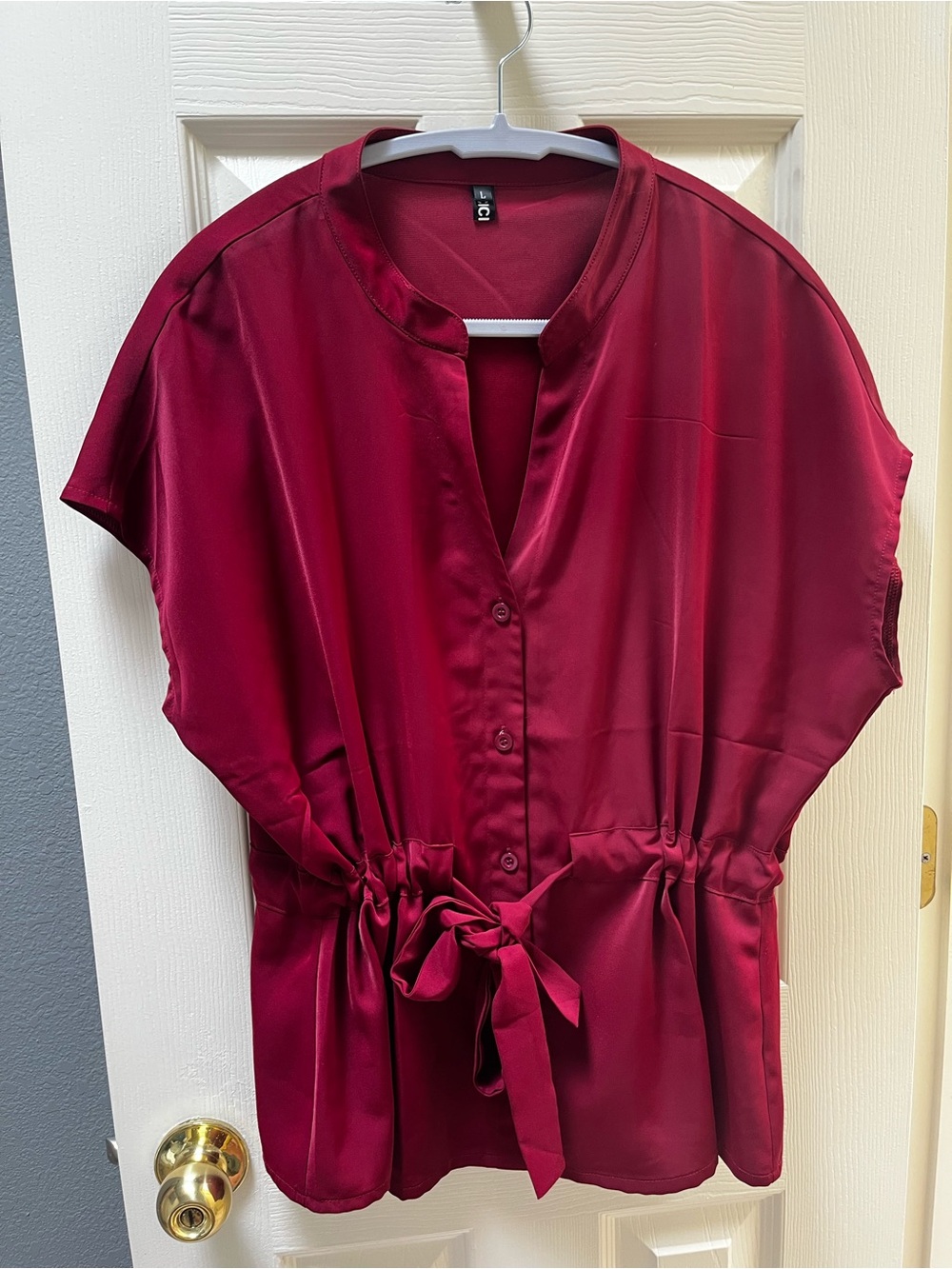 Women's Satin Tie-Waist Blouse - Wine